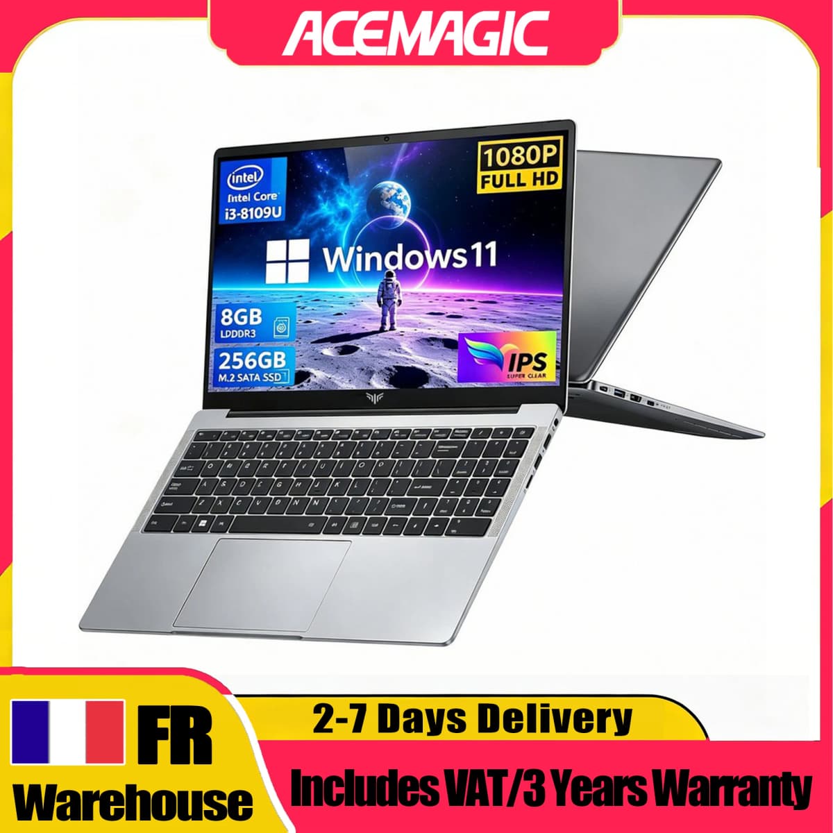 ACEMAGIC 15.6 Inch Full-HD Intel Core I3 3.6GHz 8GB RAM 256GB SSD Office Notebook Intel Iris Plus Graphics 655 180° Rotation Up To 3.6GHz W11 Pro German Keyboard Stickers