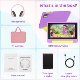 KT1018L Kids Tablet Bundle Complete Gift Set 7 Inch Small Portable Children Tablet Quad Core 8GB(2+6) RAM 64GB ROM Android13 2500mAh Battery Parental Control Lavender Blue Toddler Learning Tablet With Headphone & Storage Bag