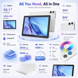 10.1 Inch Android15 Tablet A10,Octa‑Core A523 CPU,20GB(3+17GB Virtual) RAM 64GB ROM,1280*800 IPS Display,Face ID Unlock Dual Speakers WiFi 2.4G&5G Bluetooth5.0 GPS 5000mAh Tablet for Study Entertainment