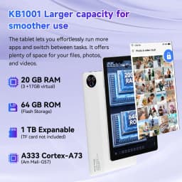 URAO KB1001 10.1 Inch A333 Five-Core Tablet PC Widevine L1 Certified Android 15 20GB(3+17GB Virtual) RAM 64GB ROM 5000mAh HD 800*1280 Screen White Black Dual Color Single Tablet 1TB TF Expand Streaming Office Learning Tablet