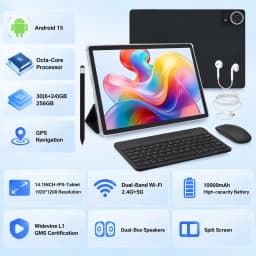 14.1 inch G140L Tablet PC Bundle Android 15, 30GB (6+24G Virtual) RAM+256GB Storage, A733 Octa Core,1920*1200 IPS Screen,10000mAh Battery, Dual Band WiFi, GPS, Full Accessories Kit for Entertainment