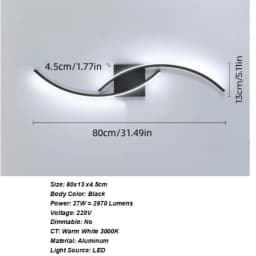 LED Wall Applique, Black Interior Wall Lamp, Warm White Light 3000K Modern Curve for Bedroom, Living Room, Corridor, 3000K