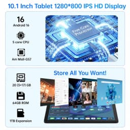 10.1 Inch Android 16 Tablet PC Set, Stylus Keyboard Mouse Headphone Included, 20GB (3+17 expansion) RAM, 64GB ROM, Five-core A333, WiFi6, Widevine L1, 6000mAh, Face Unlock, 5MP+8MP Dual Camera, 1280*800 HD IPS Touch Screen, 1TB TF Expandable, KB1001L