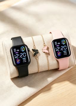 4-Piece Set of Cute and Stylish Electronic Watches for Couples, Paired with a Black and Pink Butterfly Bracelet Set, Suitable for Couples, Casual and Versatile, a Great Choice as a Gift