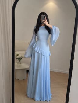 Women Solid Ruffle Chiffon Long Dress Elegant O-Neck Flare Sleeve Slim Maxi Dress 2026 New Lady Wedding Guest Evening Party Robe