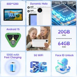 URAO KB1001 10.1 Inch A333 Five-Core Tablet PC Widevine L1 Certified Android 15 20GB(3+17GB Virtual) RAM 64GB ROM 5000mAh HD 800*1280 Screen White Black Dual Color Single Tablet 1TB TF Expand Streaming Office Learning Tablet