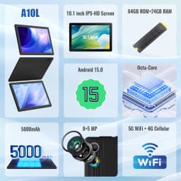 URAO A10L 10.1in Octa-Core Tablet Widevine L1 Full HD Streaming Support Updated Android 15 24GB Virtual RAM 64GB Storage 5000mAh Battery All Black Complete Accessory Bundle Portable Entertainment Tablet for UK