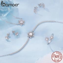 Bamoer 925 Sterling Silver Ice Flower Jewelry Set Double Snowflakes Open Ring Spring Hoop Earrings for Women Sparkling Gift