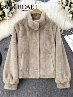 AACHOAE Women Faux Fur Jacket Winter Coat Stand Collar Long Sleeve Snap Button Warm Loose Casual Elegant Outerwear