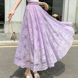 Long Maxi Skirts For Women Spring Summer Korean Cute Princess Style Elastic High Waisted A-Line Floral Lace Skirt White Black