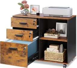 3-Drawer File Cabinet with Lock, Mobile Wood Filing Cabinet, Black Rolling Printer Stand, Office Cabinet, Open Storage Shelves, Letter & A4 Compatible, Home Office, Under Desk Storage