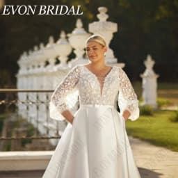 EVON BRIDAL V-Neck Plus Size Wedding Dresses For Women Puff Sleeves Sequin Bride Gown With Pockets Classic Satin Bridal Dresses