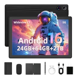 10.1 Inch Android 16 Tablet Bundle 24GB(3+21) RAM 64GB ROM A333 Five-Core Tablet PC With Keyboard Protective Case Stylus Pen Mouse Earphone Charger 6000mAh Widevine L1 Black Tablet Set