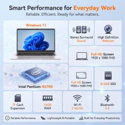 Ultra Slim 14.1 Inch Laptop | Intel N3700, 16GB RAM 512GB SSD, 1080P FHD Display, Windows 11 Pro, Portable Notebook for Office & Study