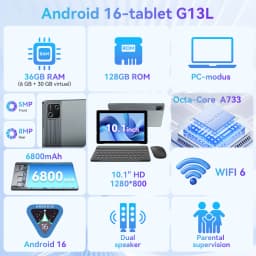 G13L Gray 10.1 Inch Android 16 Tablet PC Octa‑Core Processor 36GB(6+30GB Virtual) 128GB ROM 1TB Expand WiFi6 6800mAh Fast Charging 5MP+8MP Dual Camera Full Accessory Bundle Keyboard Mouse Stylus Case Headset Business Learning Tablet US Local Warehouse