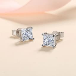 KNOBSPIN D Color Princess Cut Moissanite Earring s925 Sterling Sliver Plated with 18k White Gold Earrings for Women Fine Jewelry