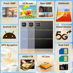 5G Global Version Pad 120000mAh 16MP+32MP 10.36 Inch Android 13 16GB+1TB  WPS+5G WiFi Bluetooth Dual SIM Phone Call Tablet