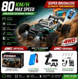 SZWDSE 1:16 Scale 4WD Off Road RC Car, Brushed 50KM/H & Brushless 80KM/H High Speed All Terrain Drift Buggy Truck, Remote Control Racing Toy with Dual Batteries for Kids Adults