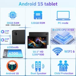 10.1 Inch Octa Core Tablet Bundle Android 15 Tablet 30GB(6+24) RAM 128GB ROM 1280*800 HD Screen 6200mAh Battery Keyboard Mouse Case Stylus Included Black Business Learning Tablet PC