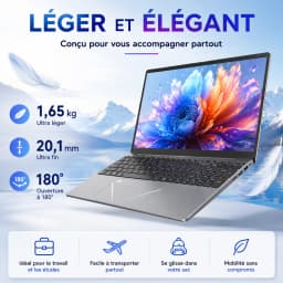 15.6-inch Full HD IPS Laptop with Intel Core i3, Windows 11 Pro, 16 GB RAM, 512 GB SSD, Wi‑Fi 5, Bluetooth 5.0, French keyboard, keyboard protective film, fingerprint reader, lightweight laptop for students, work, and desk use, 1920x1080 display