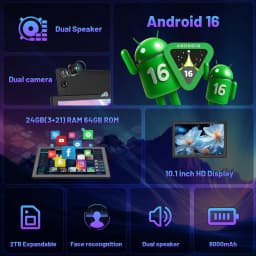 10.1 Inch Android 16 Tablet Bundle 24GB(3+21) RAM 64GB ROM A333 Five-Core Tablet PC With Keyboard Protective Case Stylus Pen Mouse Earphone Charger 6000mAh Widevine L1 Black Tablet Set