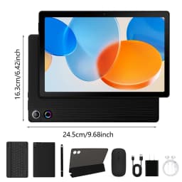 10.1 Inch Android 16 Tablet Bundle Complete Set 24GB(3+21) Intelligent RAM 64GB ROM Support 2TB TF Expansion 1280*800 HD LCD Screen Widevine L1 6000mAh Battery Dual Camera Keyboard Mouse Case Stylus Earphones Charger Kit Black Tablet PC For Study Work
