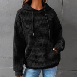 Women's Winter Thick Waffle Knit Solid Color Round Neck Pocket Sweatshirt Hip Length Crinkled Hoodie Women's Hoodies And