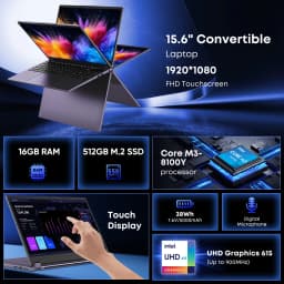 HYPERSTRIX 15.6 Inch 2-in-1 Touchscreen Laptop, 360° Flip Convertible Notebook, Core M3-8100Y, 16GB RAM 512GB SSD, FHD IPS Display, WiFi 5, BT 5.1, Lightweight Computer for Work, Study & Travel