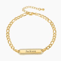 Custom Date Rectangle Engraved Name Bracelet Luxury Figaro Bracelet White Crystal Pendant Adjustable Bracelets 18K Gold Plated