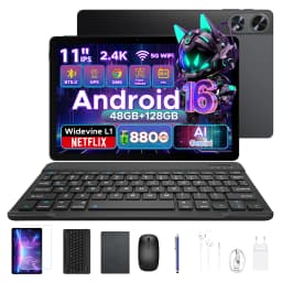 POCKAM P11 Pro Android 16 Tablet, 11" Tablet with Gemini AI, 48GB RAM+128GB ROM, Tablet 2.4K 90Hz, T7250 Octa-Core, 13MP+5MP, 8800mAh, 5G WIFI, Headphone, Tablet with Keyboard, Pen, Mouse-Black
