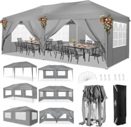 3x6m Folding Pavilion Waterproof Stable Party Tent with 6 Side Panels Pop-up Garden Canopy 3 Height Adjustable for Beach,Wedding