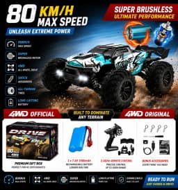 SZWDSE 1:16 Scale 4WD Off Road RC Car, Brushed 50KM/H & Brushless 80KM/H High Speed All Terrain Drift Buggy Truck, Remote Control Racing Toy with Dual Batteries for Kids Adults