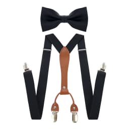 Adjustable Elasticated Y Shape Men Suspenders Bowtie Set Black Elastic Clip-on Braces Belt with Leather Suit Business Wedding