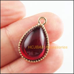 10Pcs Tibetan Silver Tone & Gold Color Teardrop Flower Red Glaze Charms Pendants 13x19.5mm