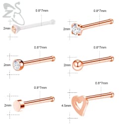 ZS 6-34pcs/Lot Heart Round Nose Piercing Ring Set Stainless Steel Crystal Nose Stud Pack L Shape Nose Nails Piercing Jewelry 20g