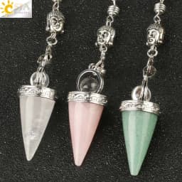 CSJA Natural Stone Cone Pendulums Crystal 3D Buddha 7 Chakras Chain Reiki Pendulum for Dowsing Pendule Radiestesia Pendulo G251