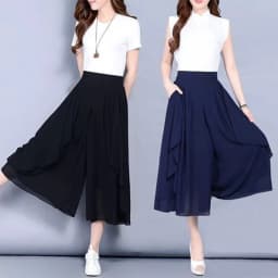 Elastic High Waist Slim Elegant Chiffon Capris Female Pants Skirts Women Summer Wide Leg Medium Long Leisure Loose Trousers