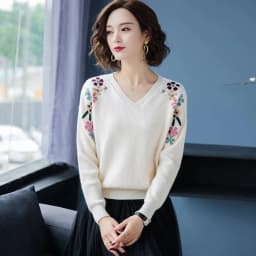 Slim V-Neck Flower Embroidery knitted Pullovers For Women Fashion spring Elastic Sweaters Large Size Casual Knitwear Tops Femme