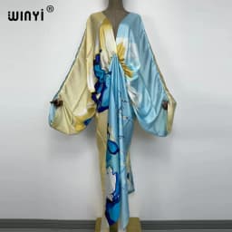 Sexy Beach High-Quality Hand-Rolled Feel Silk Rayon Fashion Print 2021 WINYI Maxi Women's Robes Long Beach V-Neck Bohemian Dress