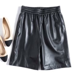 Capable Fashionable Stylish 100% Leather Five-Point Pants For Women Femme Elastic Waist Wide Leg Bermuda Shorts With Pocket