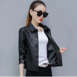 UHYTGF Leather Jacket Women Single-breasted PU Washed Leather Autumn Leather Coat Solid Color Wild Slim Short tops Big Size 827