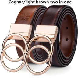 Women Reversible Leather Belt 2 in 1 Rotated 2 Rings Gold Buckle 3.4cm Wide Suitable for Pairing with Various Pants