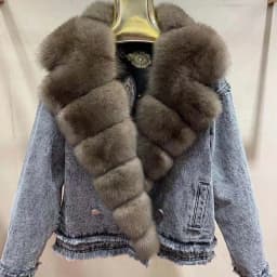 Denim Coat with Real Large Fox Fur Collar for Women, Furry Jacket, Fluffy Suit, Luxurious Brown and Yellow Coat, Winter Fashion