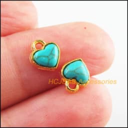20Pcs Retro Gold Color Tibetan Silver Tone Tiny Heart Blue&Red Stone Charms Pendants 7x8mm