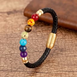 Natural Round Chakra Bead Stone Men's Bracelet Classic Black Genuine Leather Stainless Steel Bangles Women 2020 Fashion Jewelry