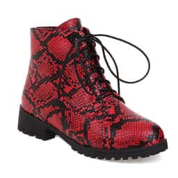 Oversized Blue Snake Print Lace-Up Women's Ankle Boots, Flat-Bottomed Low-Heeled Short Plush Inner Lining Autumn Warm Short Boot