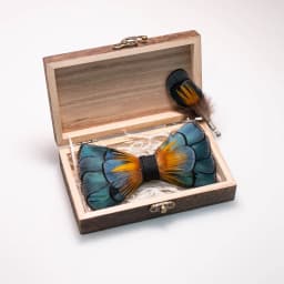 EASTEPIC Handmade Feather Bow Tie Brooch Wooden Box Set Men's Exquisite Accessories for Wedding Party Birthday Gift Necktie