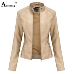 Yellow Red Faux Pu Leather Jackets 2025 Spring Autumn Fashion Zip up Top Outerwear Lady Basic Coats Plus Size Female Jackets New