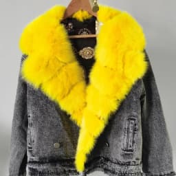 Denim Coat with Real Large Fox Fur Collar for Women, Furry Jacket, Fluffy Suit, Luxurious Brown and Yellow Coat, Winter Fashion