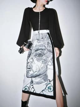 gestring Women Skirt Long Split Print Character High Waist Skirts Color Matching Vintage All Macth Spring Summer Skirts 2021